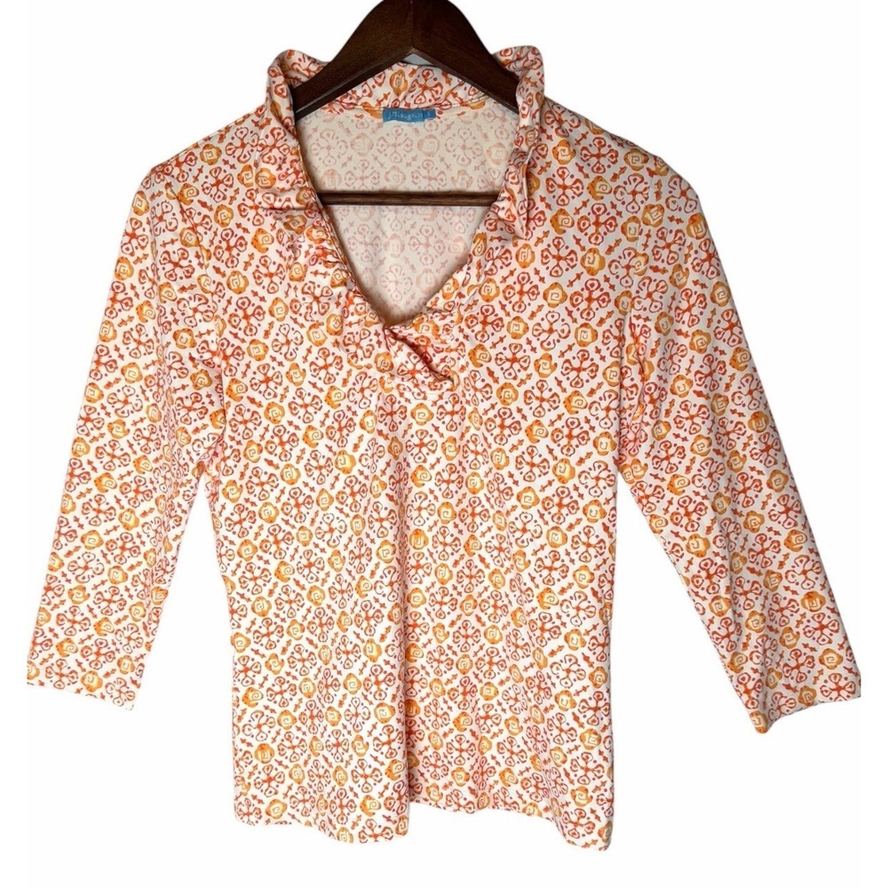 J.McLaughlin Womens Orange White Geometric Ruffle V-Neck 3/4 Sleeve Top Small